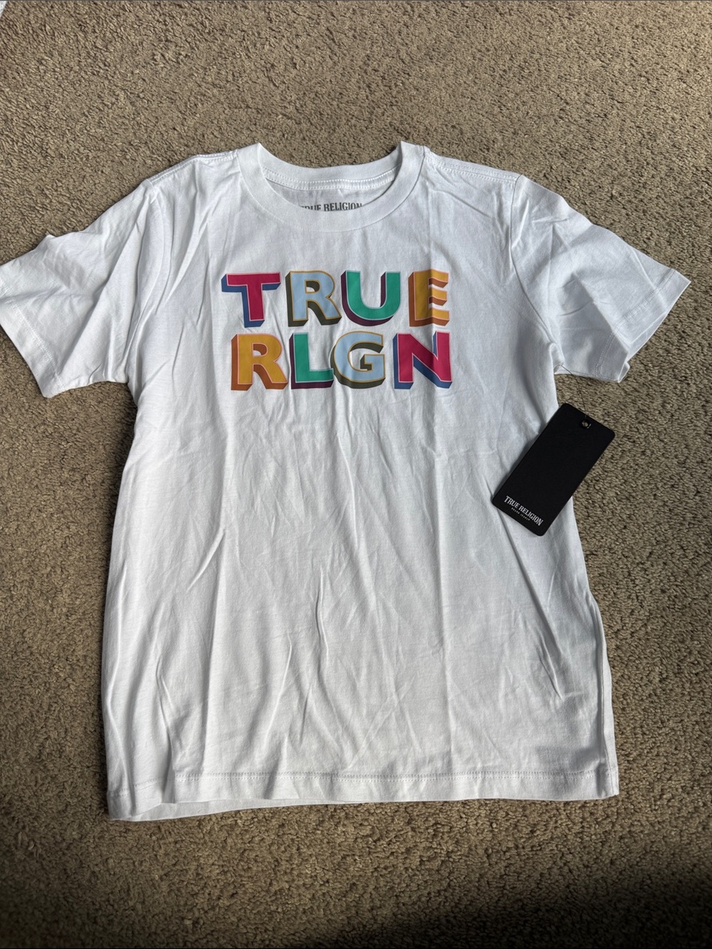 True Religion White Tee with Rainbow Block Logo